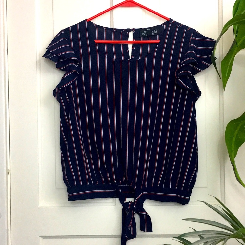 Sweet Wanderer Navy Pinstripe Flutter Sleeve Top